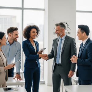 A diverse group of professional realtors smiling and shaking hands in an office setting.