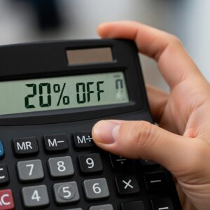 A detailed close-up shot of a hand highlighting the 20% discount on a digital calculator.