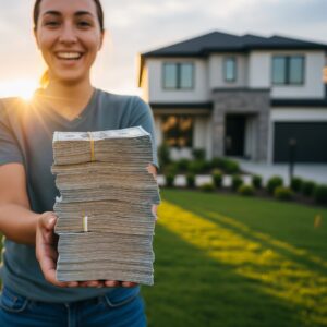 A person happily holding a large stack of cash with a house in the background, symbolizing financial savings.