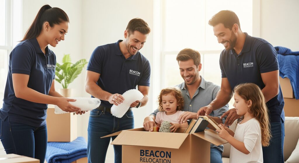 A friendly team of Beacon Relocation professionals smiling and helping a family pack a moving box.