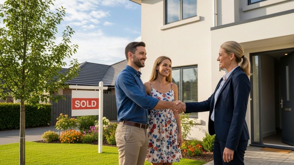 A happy couple finalizes their home purchase with a trusted real estate agent, symbolizing the financial benefits of working with a relocation agency.