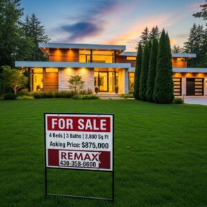 A 'For Sale' sign in front of an attractive house, illustrating how a relocation company helps maximize a home's sale price.