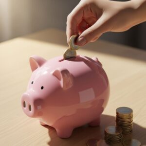 A piggy bank with a house symbol, representing the savings from our real estate agent commission credit.