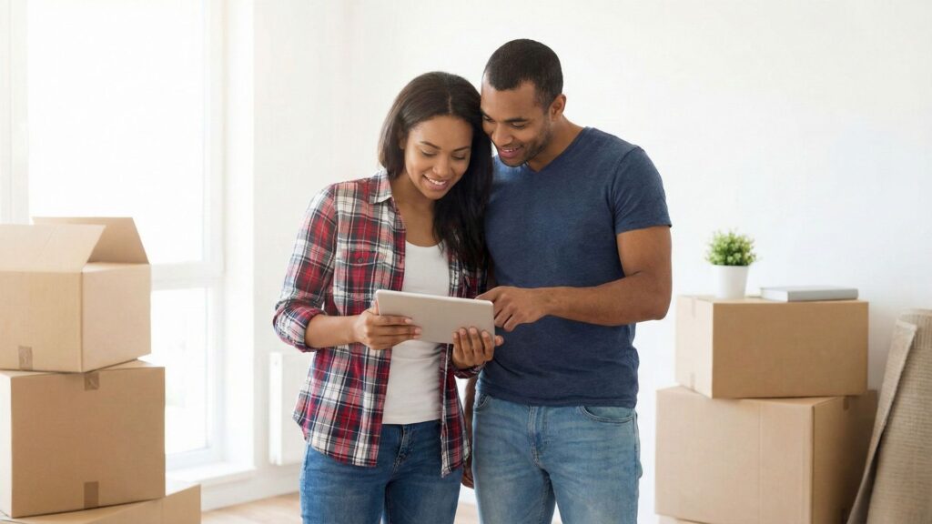 couple looking at tablet with moving boxes behind them
