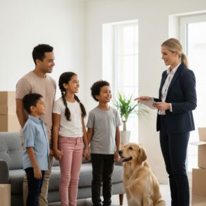 realtor meeting with father and three children