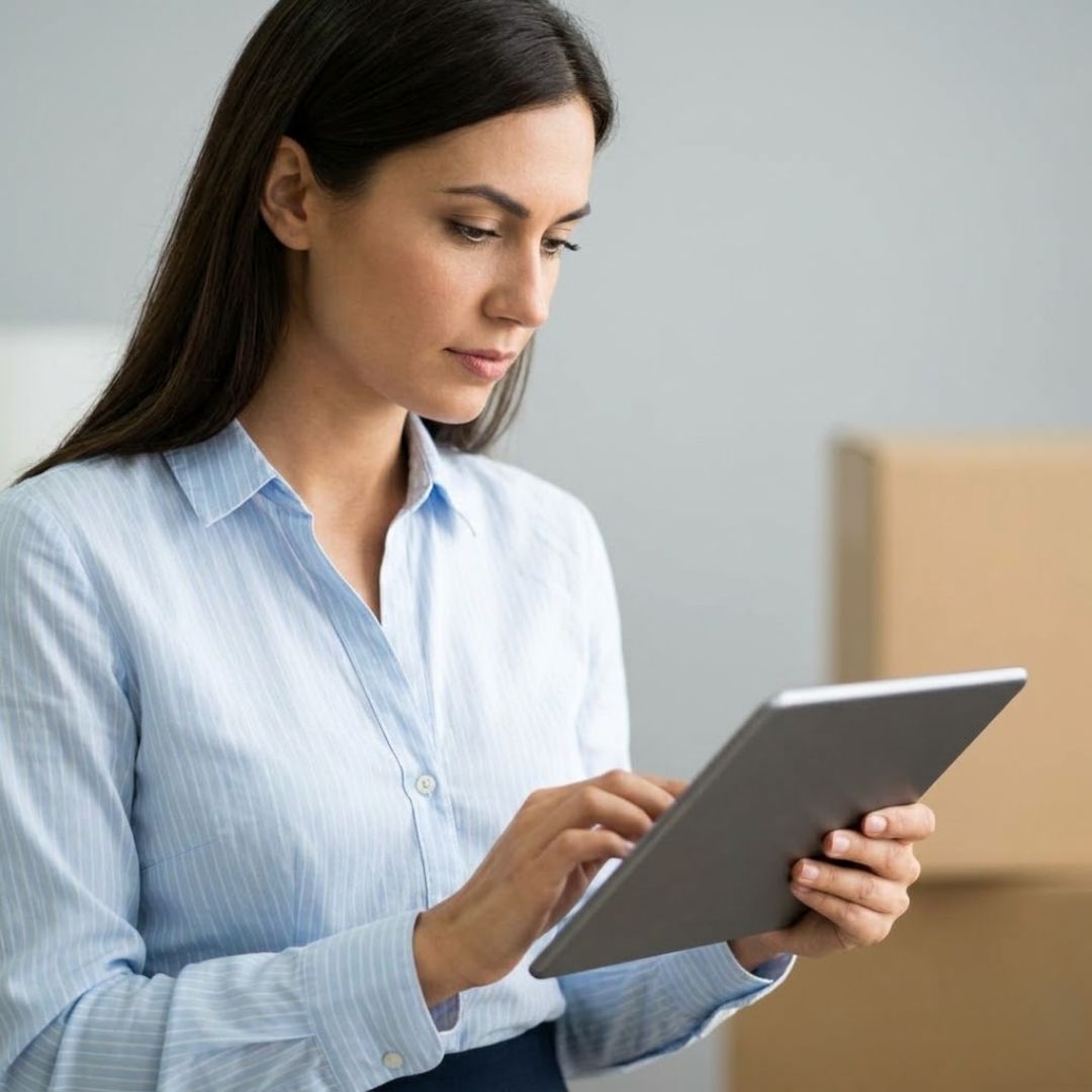 A focused relocation agent organizing a complex moving schedule on a digital tablet.