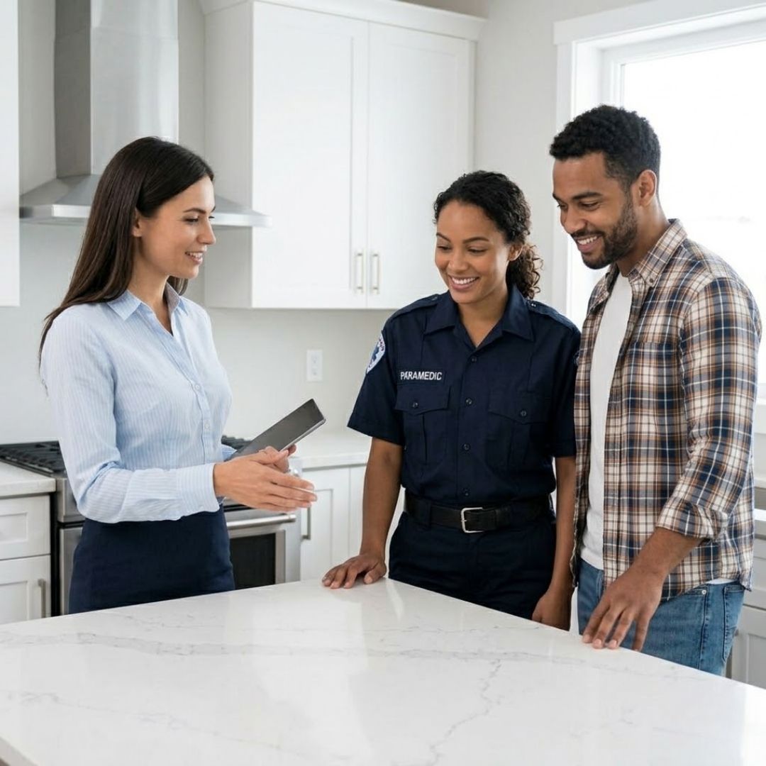 A real estate agent showing a modern kitchen to a couple. The woman in the couple wears a paramedic uniform, while the man is in casual civilian clothes.