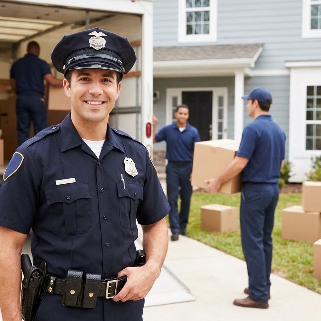 A police officer in uniform smiles while movers carry boxes into a house.